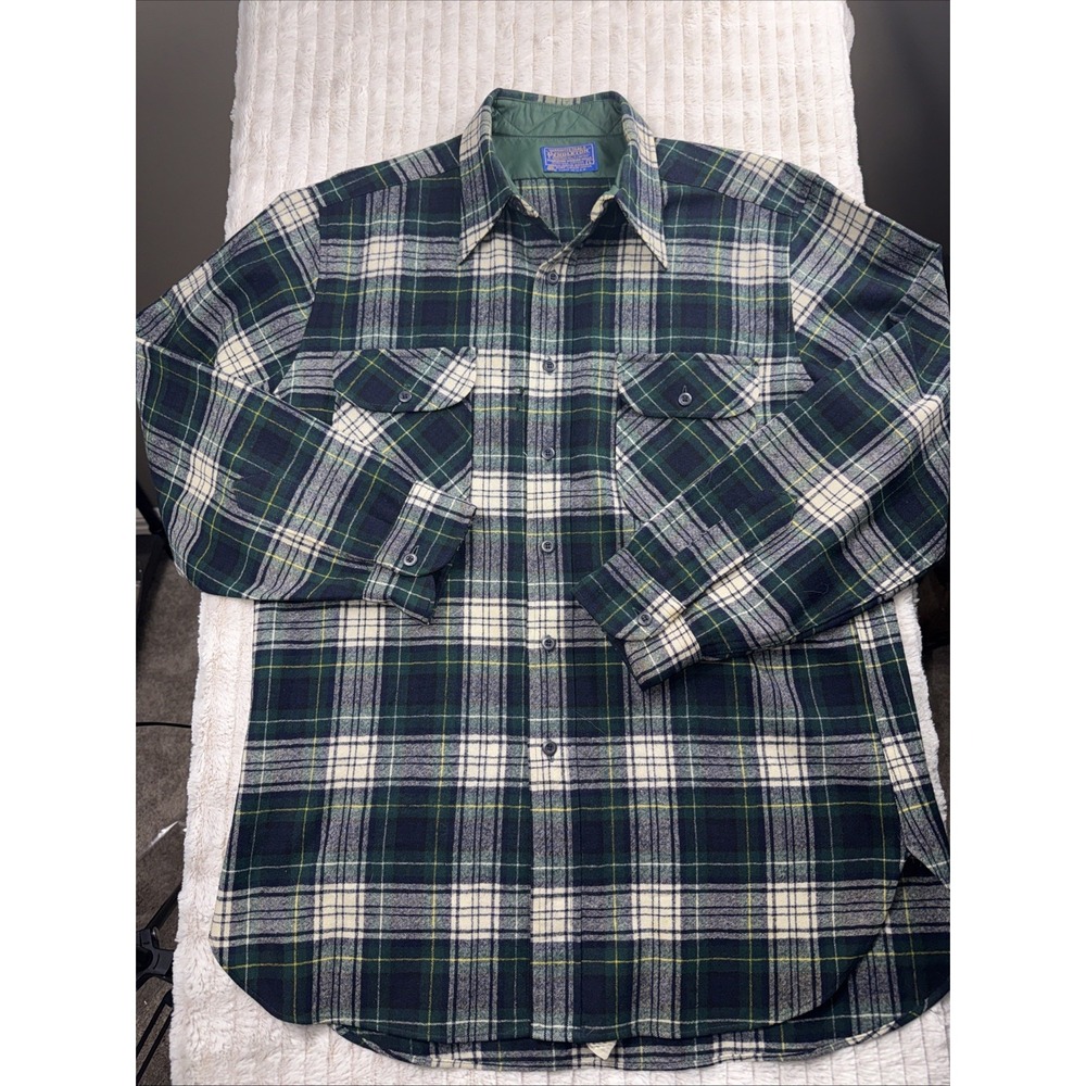 Pendleton VTG 100% Wool Board Shirt Long Sleeve Blue Green Large L Plaid Western - Picture 1 of 16